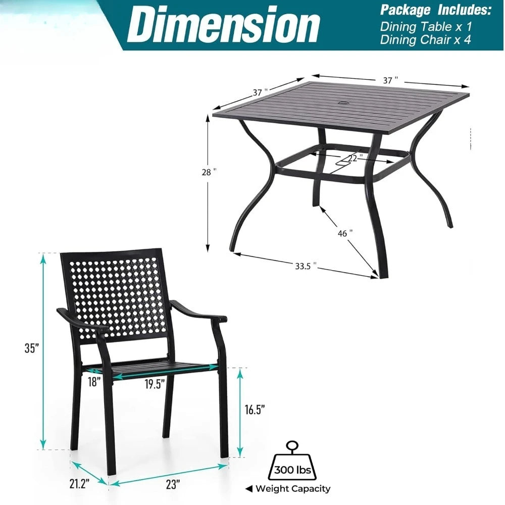 5 Piece Outdoor Dining Set For Four With Square Wrought Iron Table And Stackable Chairs Heavy Duty Patio Deck