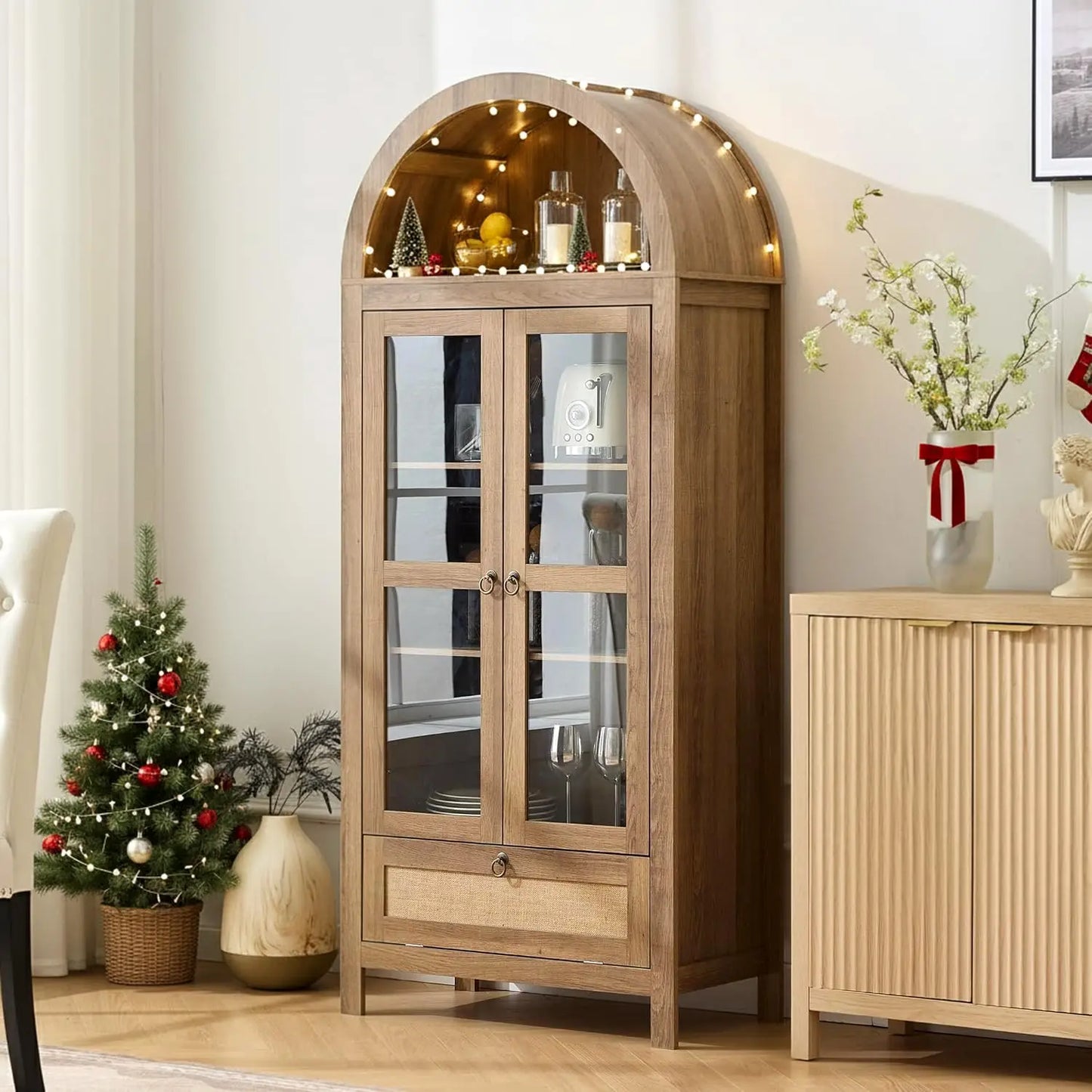 CHENGWEI Arched Pantry Cabinet With Innovative Drawer And Glass Door