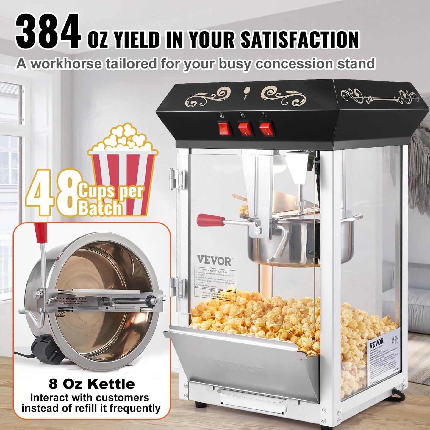 SucceBuy Popcorn Popper Maker With Tempered Glass Makes 48 Cups