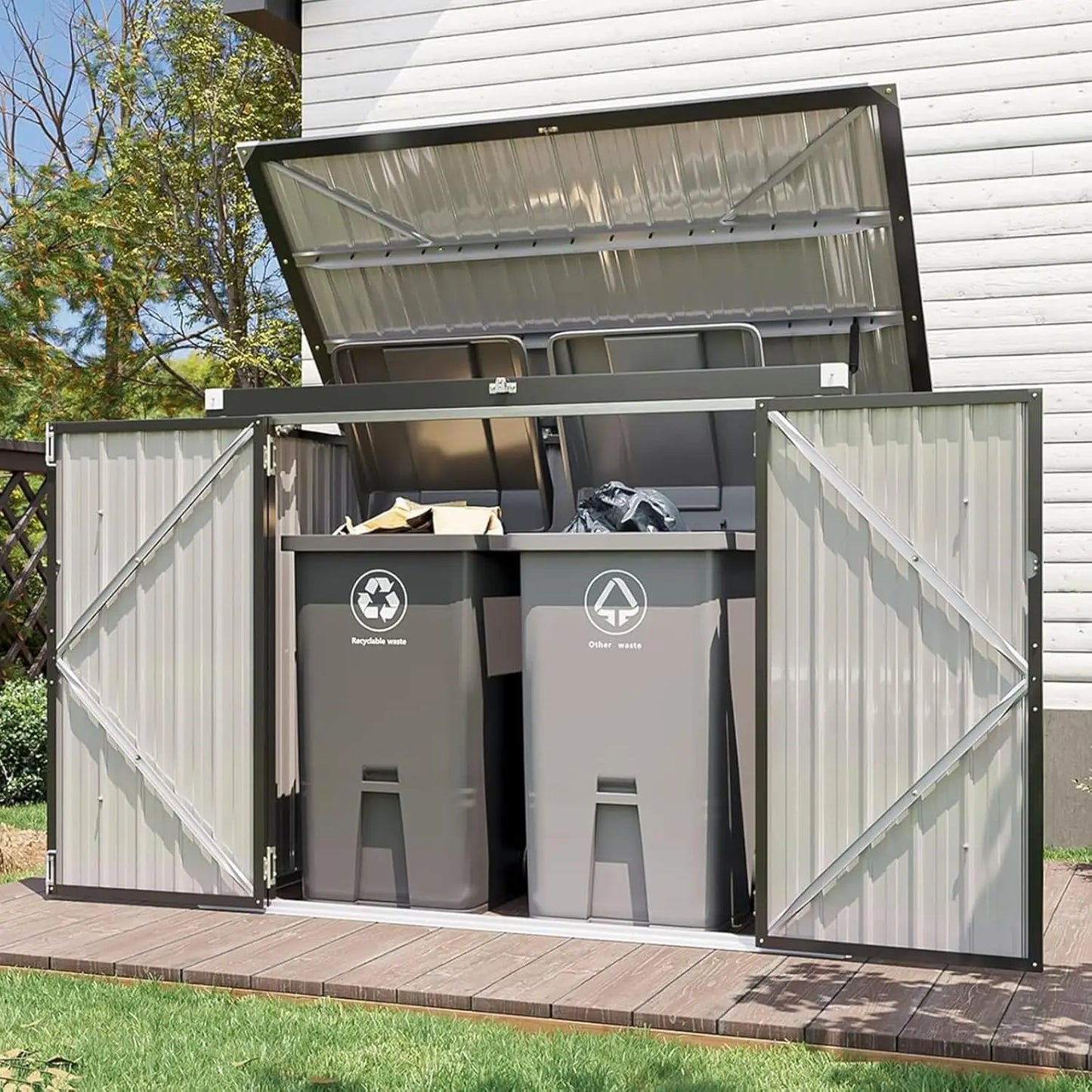 Metal Outdoor Storage Shed Chain Lid Waterproof Garbage Can Organizer For 2 Bins