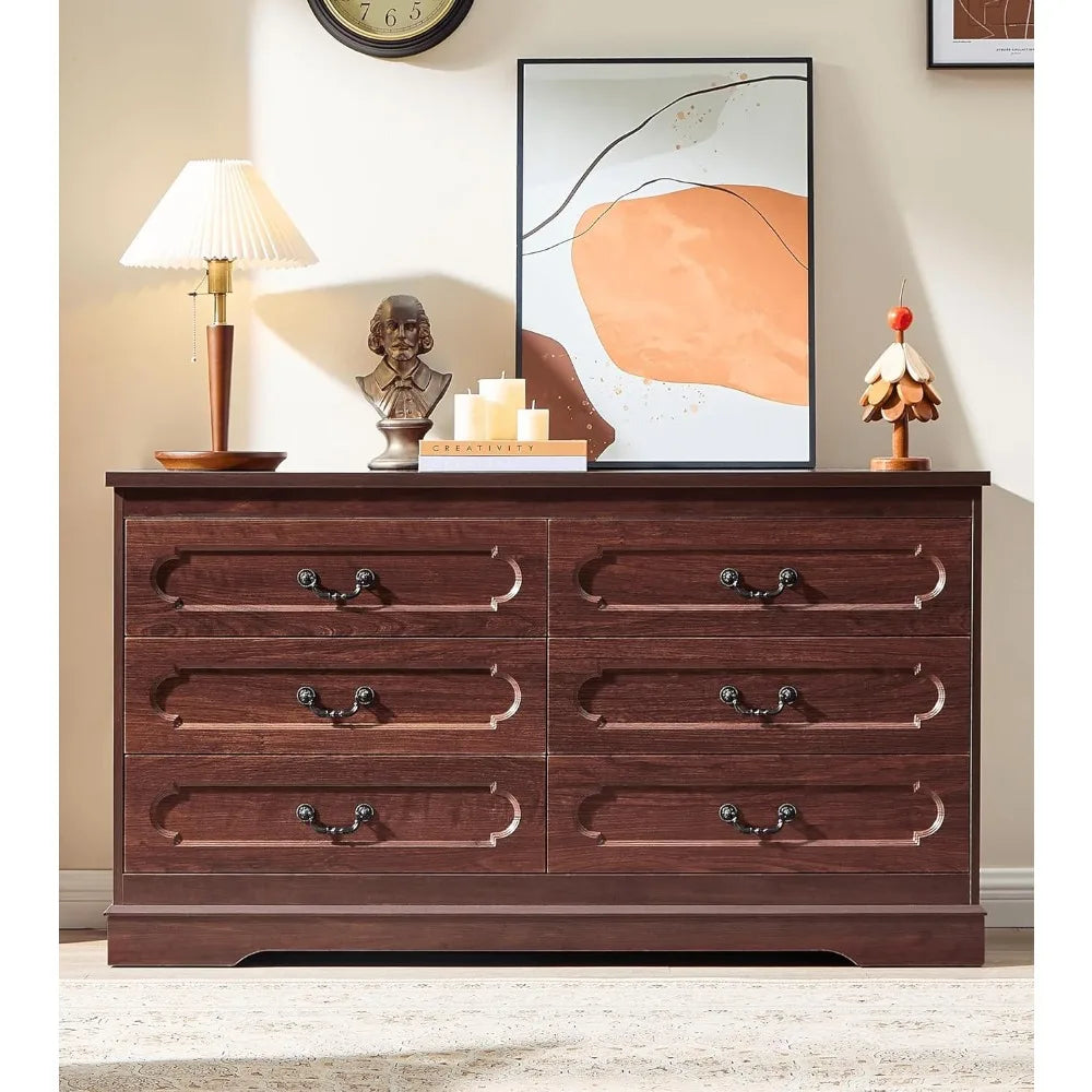 6 Drawer Dresser for Bedroom Farmhouse Cherry Tall Wood Chest of Drawers for Bedroom Dresser, Modern Rustic 55 Wide Drawer