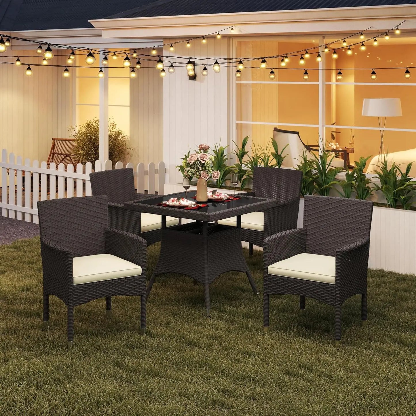 5-Piece Patio Furniture Set, Outdoor Rattan 4 Dining Chairs & Tempered Glass Table with Umbrella Hole, for Garden Backyard Deck