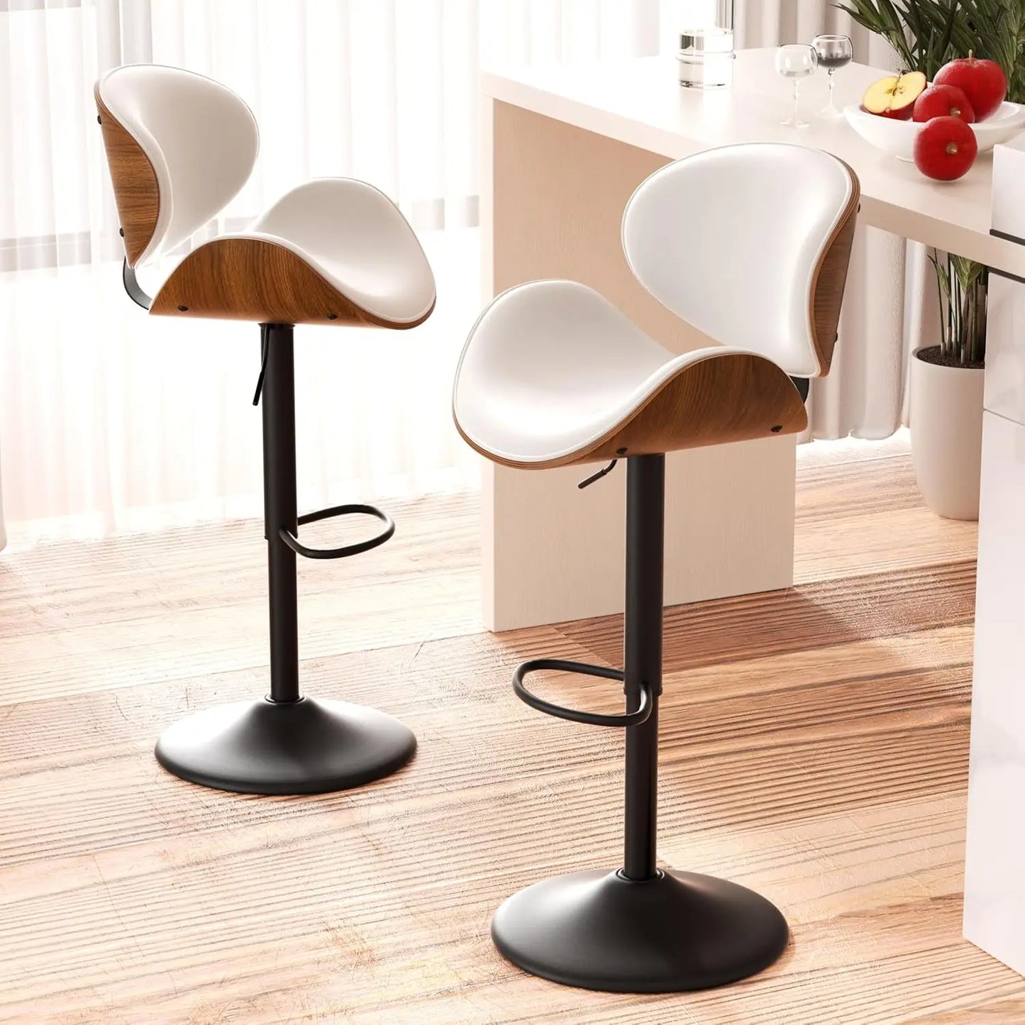 Swivel Bar Stools 2 Adjustable Bentwood PU Leather Back Footrest