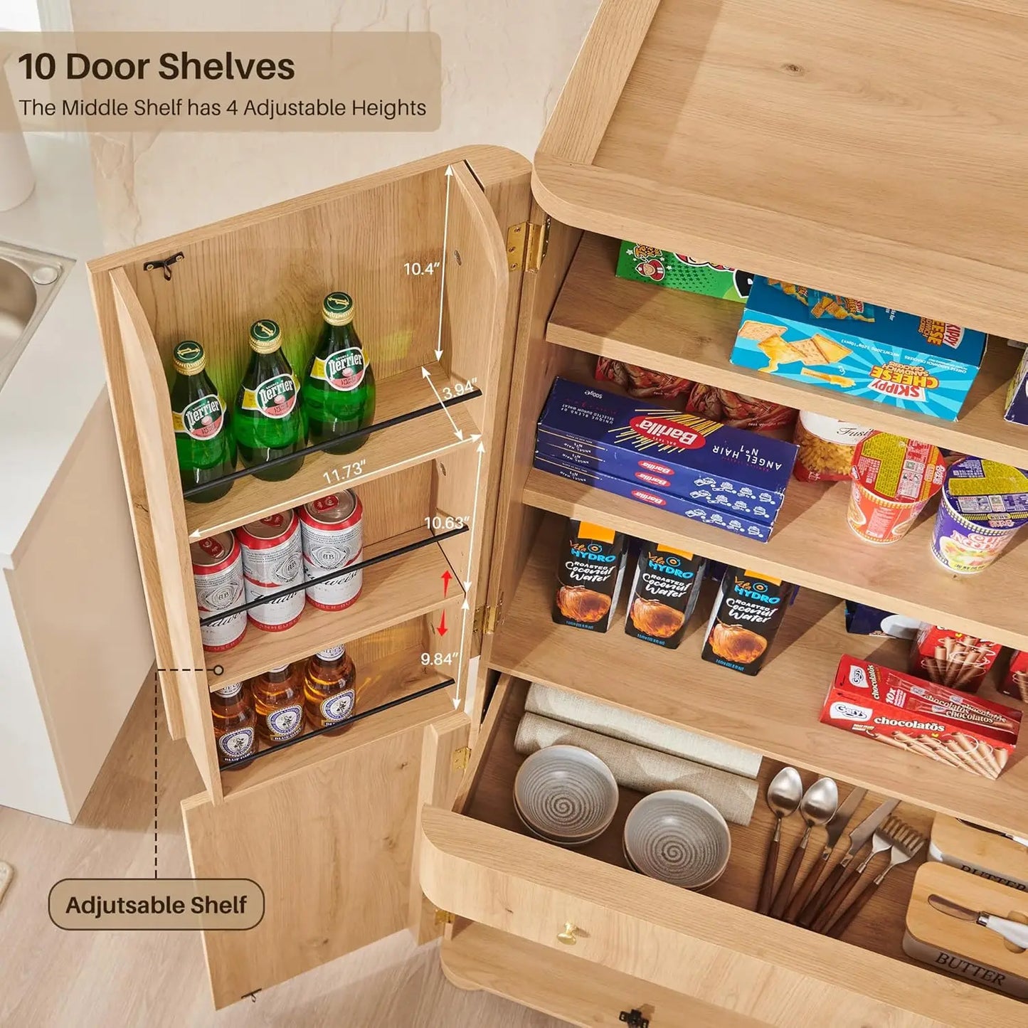 Curved Kitchen Pantry Storage Cabinet with 4 Doors and Adjustable Shelves