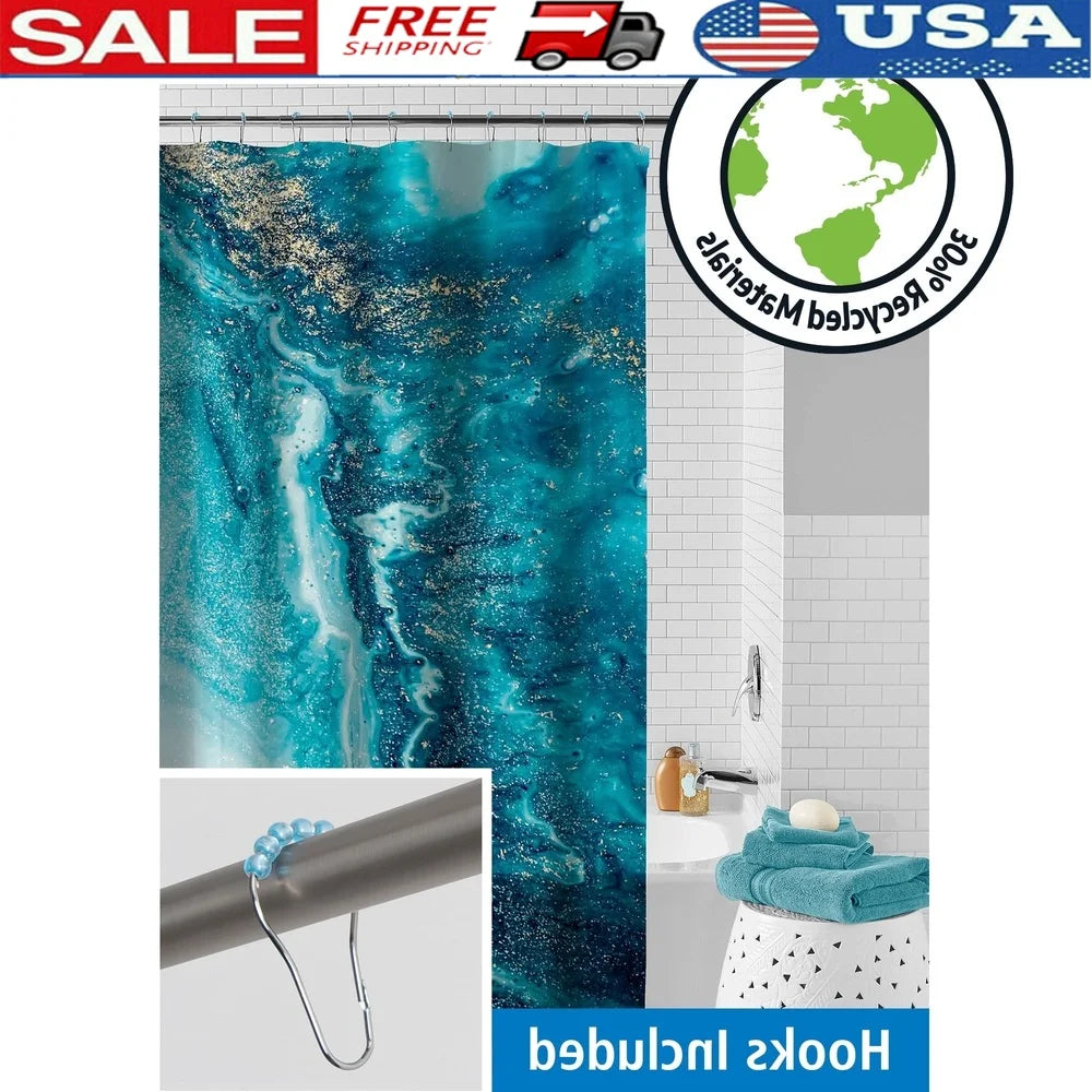 Waterproof Watercolor Marble Shower Curtain Set with 12 Hooks Eco-Friendly 30% Recycled PEVA 13-Piece Bathroom Accessory
