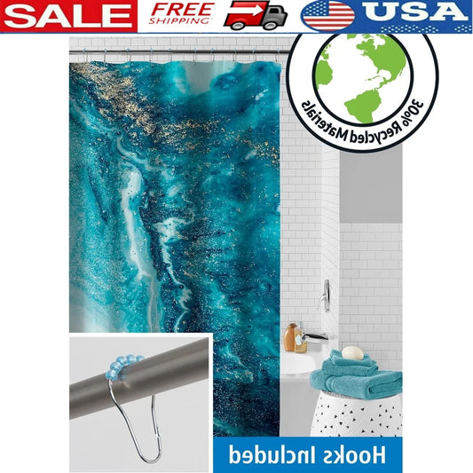 Waterproof Watercolor Marble Shower Curtain Set with 12 Hooks Eco-Friendly 30% Recycled PEVA 13-Piece Bathroom Accessory