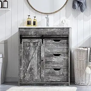 30" Farmhouse Vanity with Sink, 33.7" Tall with Sliding Barn Door, Wooden Floor Standing Cabinet w/3 Drawers & Adjustable Shelve