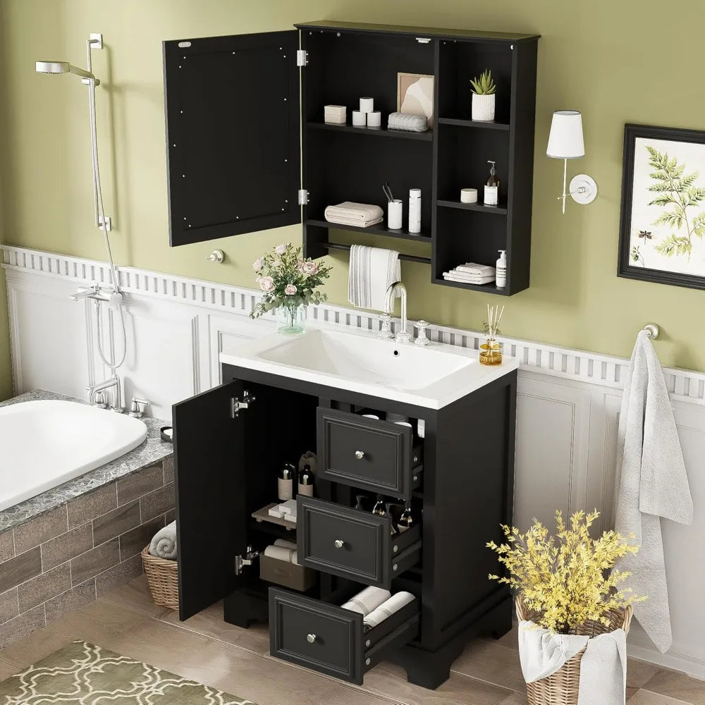 30-inch Bathroom Vanity with Sink, Modern Elegant Bathroom Storage Cabinet with 3 Drawers and Adjustable Shelves, freestanding V