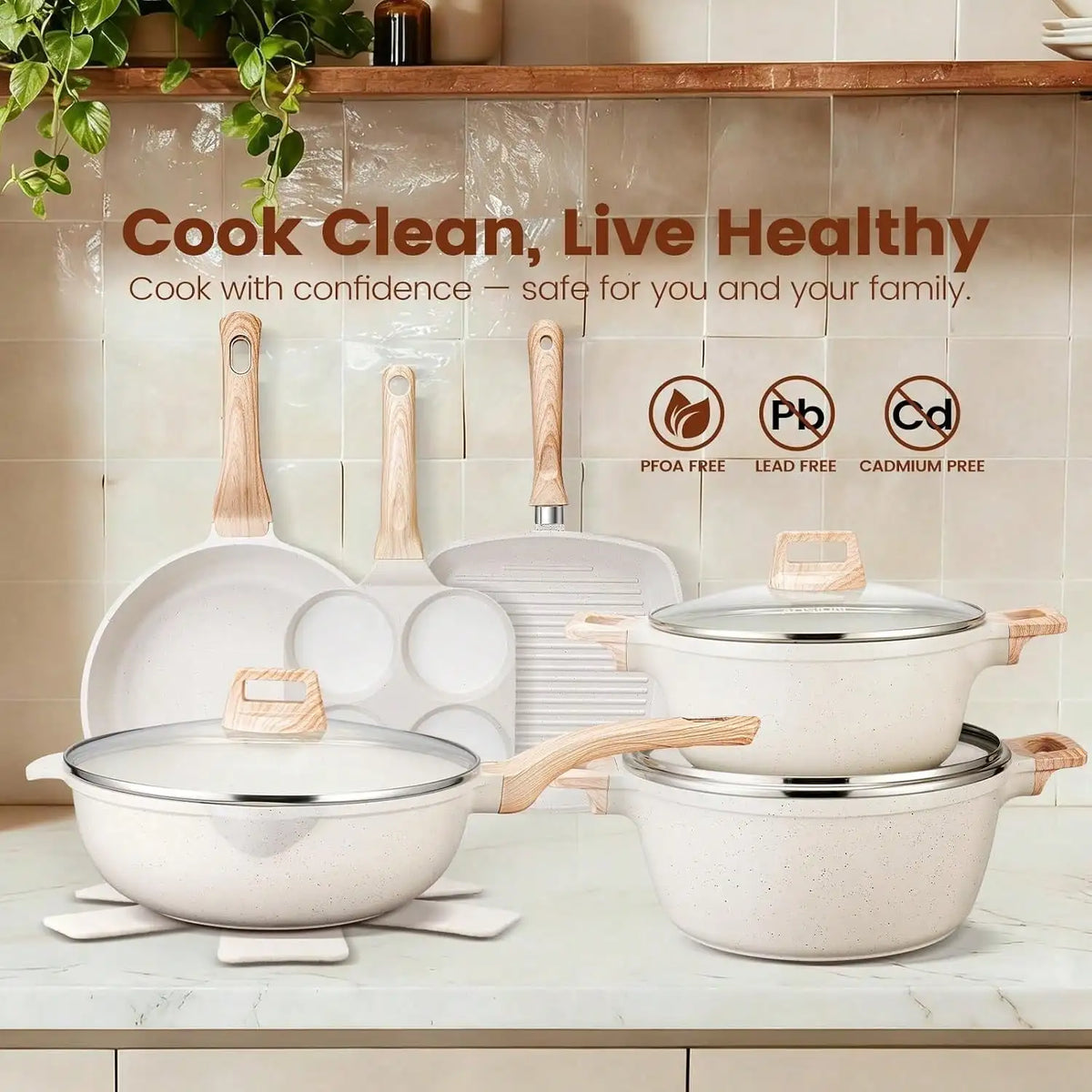 Premium Ceramic Nonstick Cookware Set With Silicone Tools And Accessories