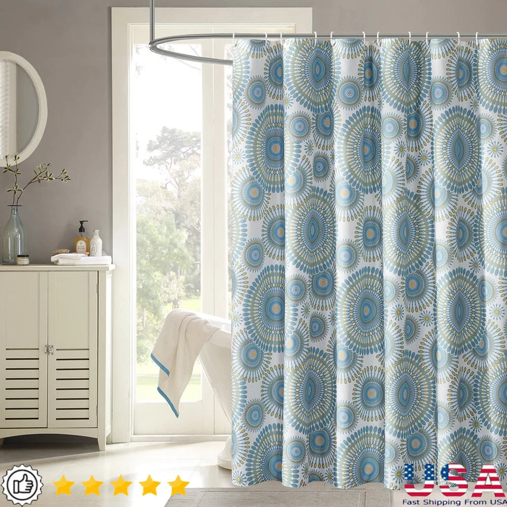 Waterproof Shower Curtain Set with 12 Hooks Machine Washable Starburst Design Easy Care Home Bathroom Decor 72x72 Inches