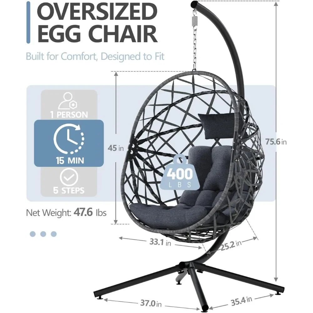 Hanging Egg Chair with Stand, Outdoor & Indoor Wicker Egg Swing Chair with Cushion, 400LBS Capacity for Patio, Bedroom & Garden