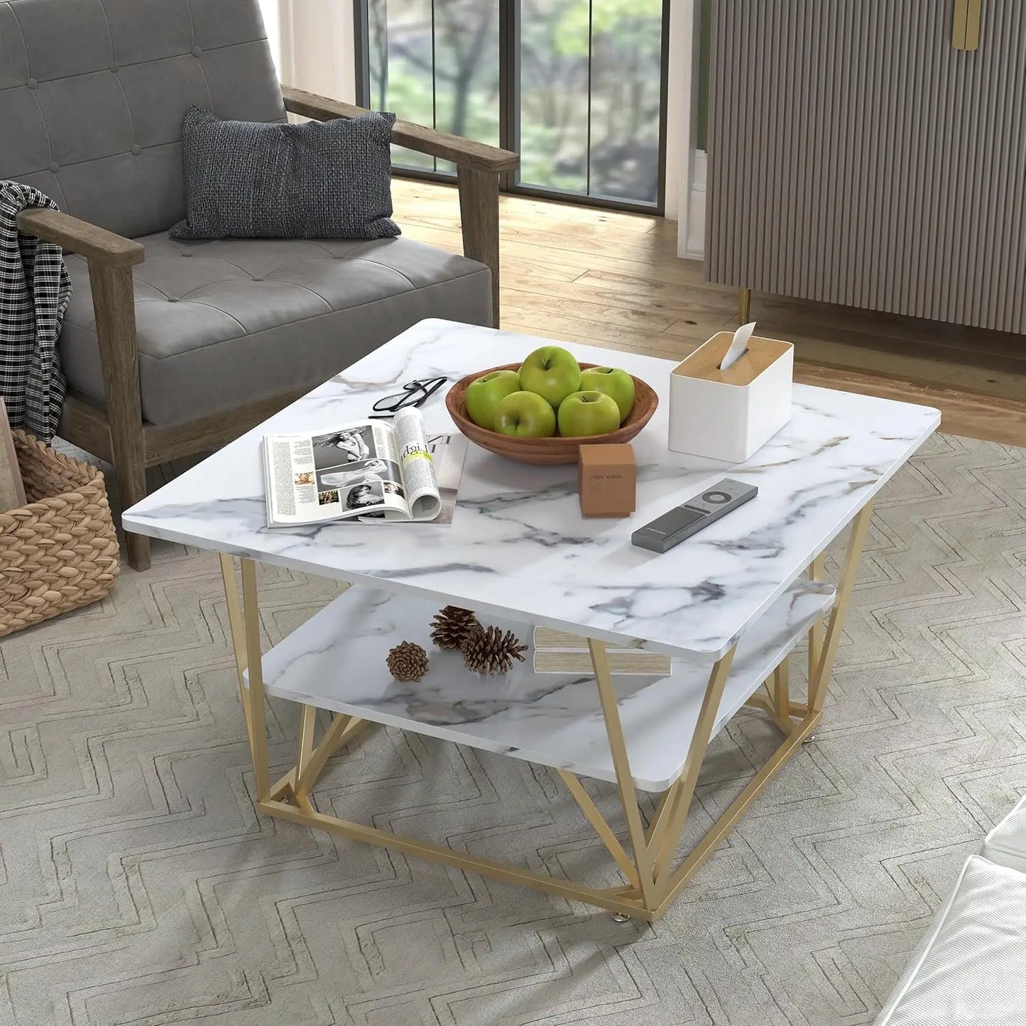 MERRONIX Two-Tier Modern Coffee Table With Wooden Tabletop Metal Frame