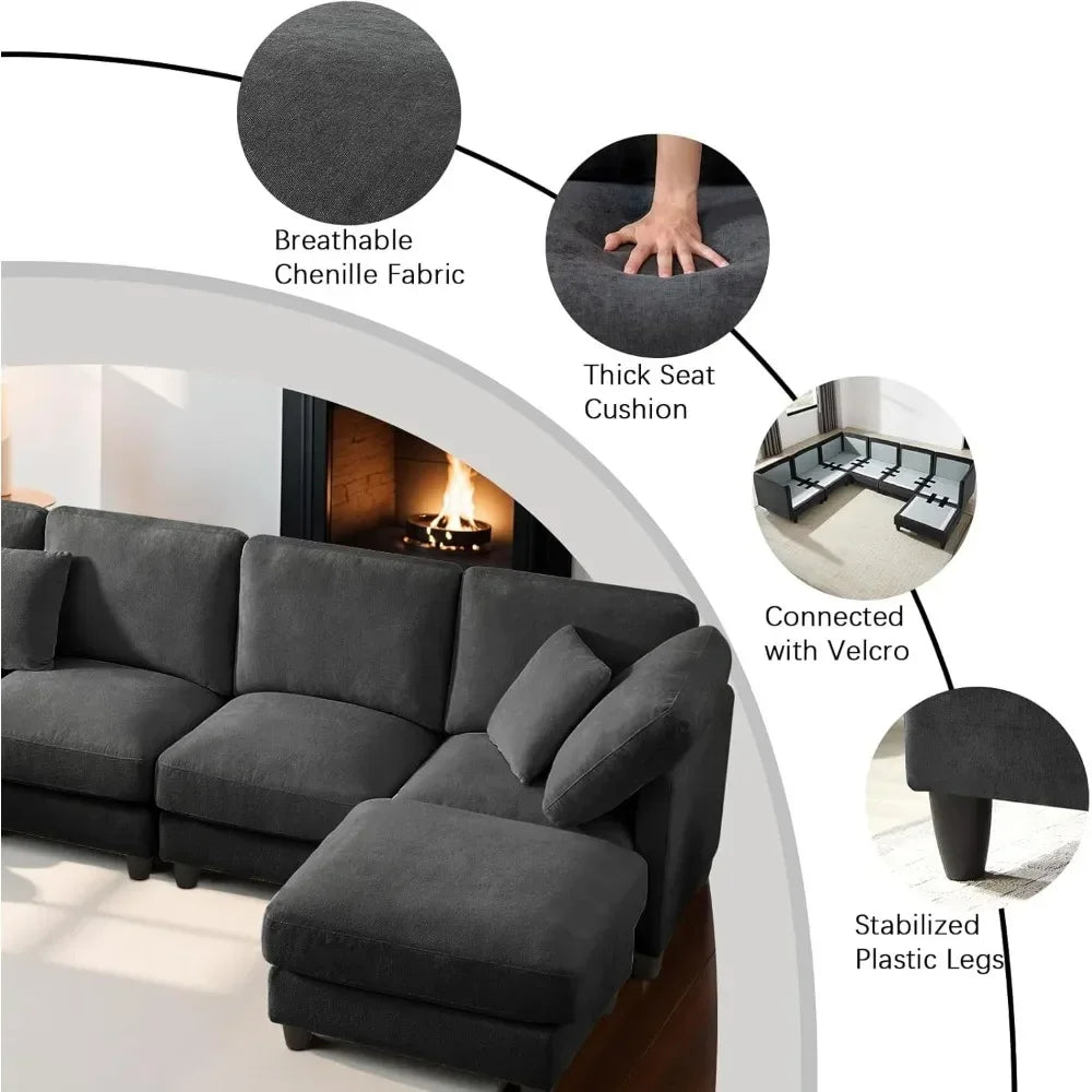 GUANGBAI Chenille Cloud L Shaped Sectional Sofa With Ottoman