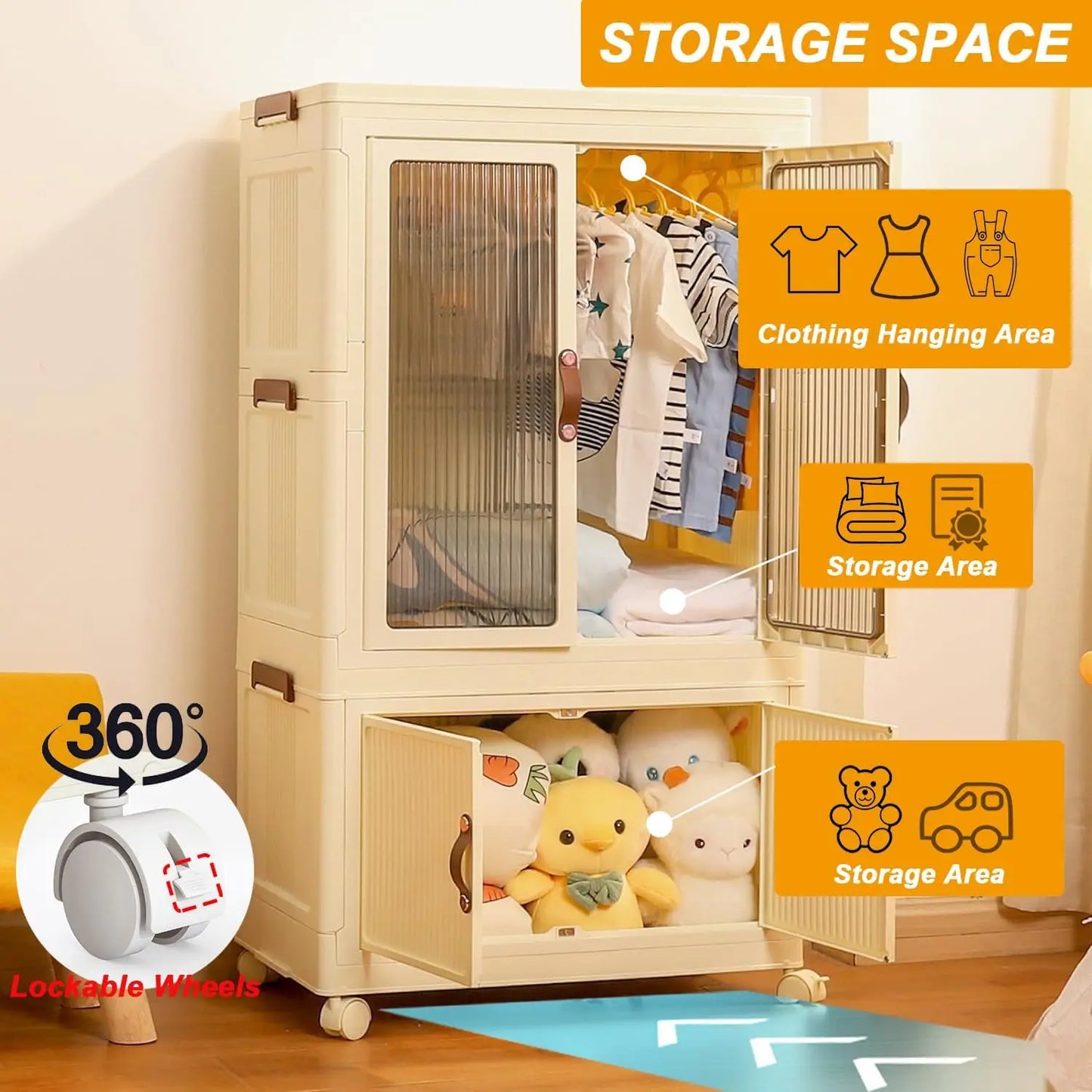 Foldable Wardrobe Cabinet With Wheels 2 Layer Clothing Storage Closet Organizer For Home Office Books And Clothes