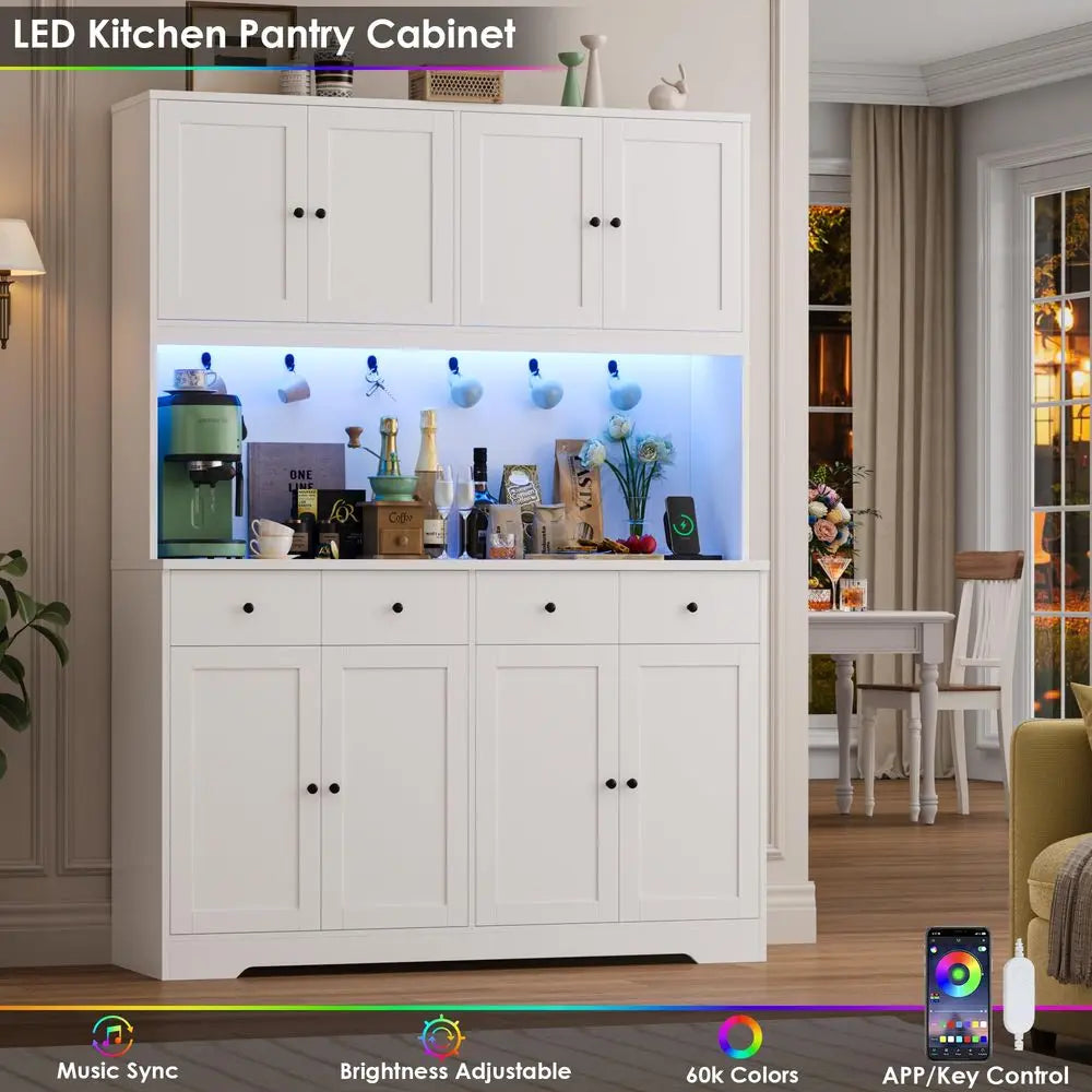 LED Kitchen Pantry Cabinet With Power Outlet And Cup Hooks
