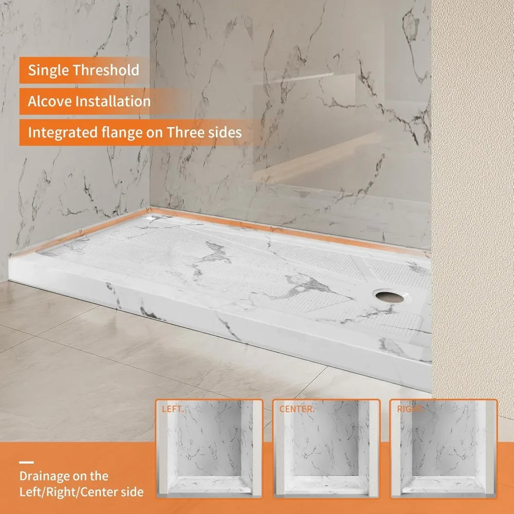 60 in L X 30" W Shower Base, Single Threshold, Right Drain with Slip Resistant Textured Surface, Shower Base