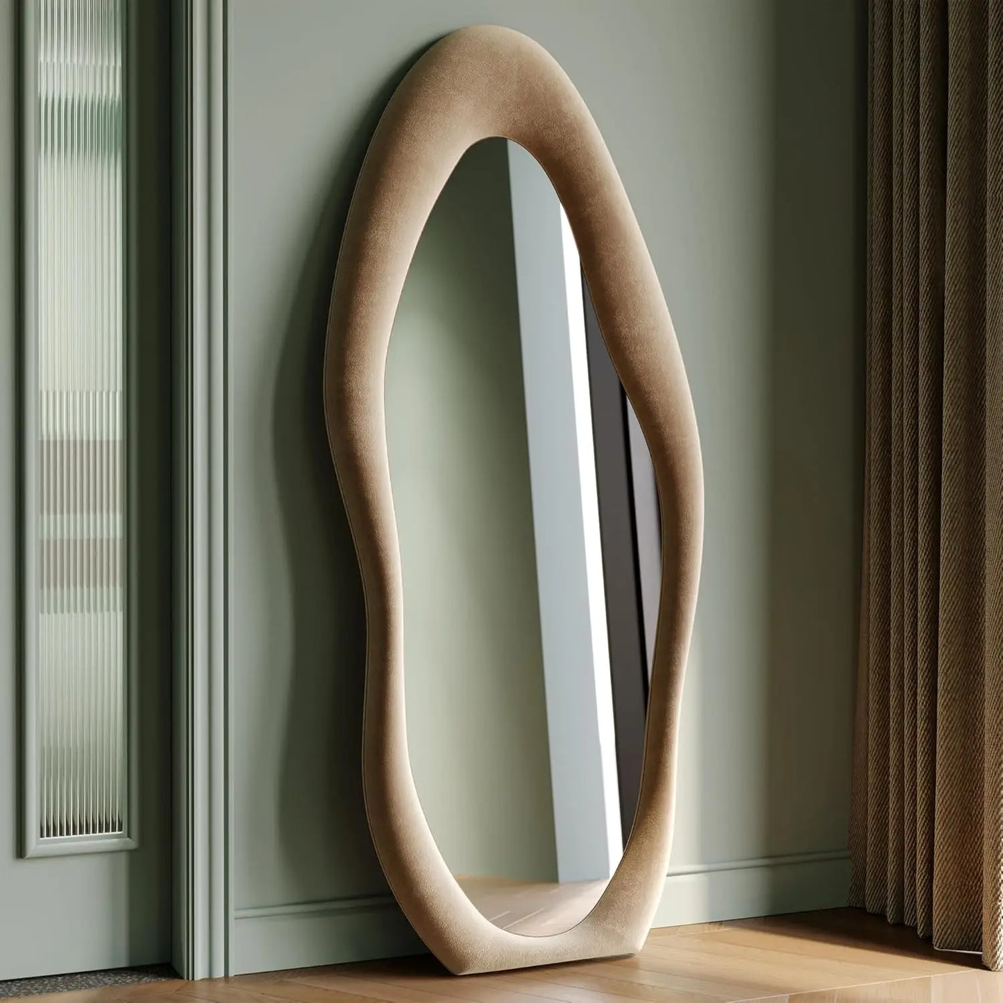 63x24 inch full-length mirror, irregular wave mirror hanging or leaning against the wall in the dressing room/bedroom