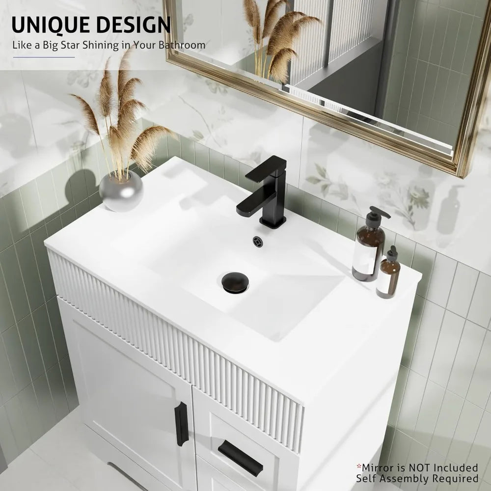 30" Bathroom Vanities Sink Combo with Painted Surface, Modern Drawered Cabinet W/Decorative Wave Lines, Undermount Single Sink,