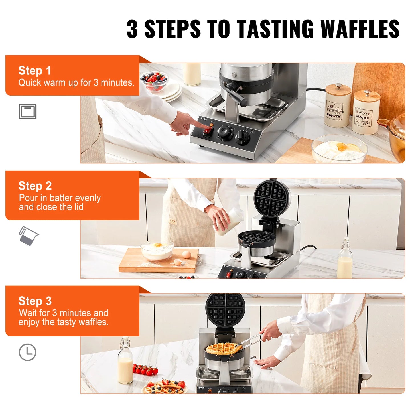 VEVOR Electric Waffle Maker Nonstick Round Stainless Steel