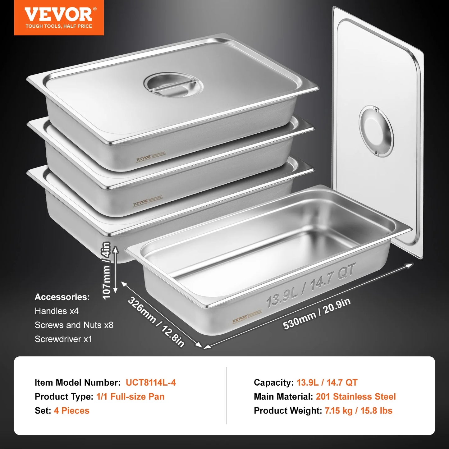 SucceBuy 4 Pack Stainless Steel Hotel Pans With Lid
