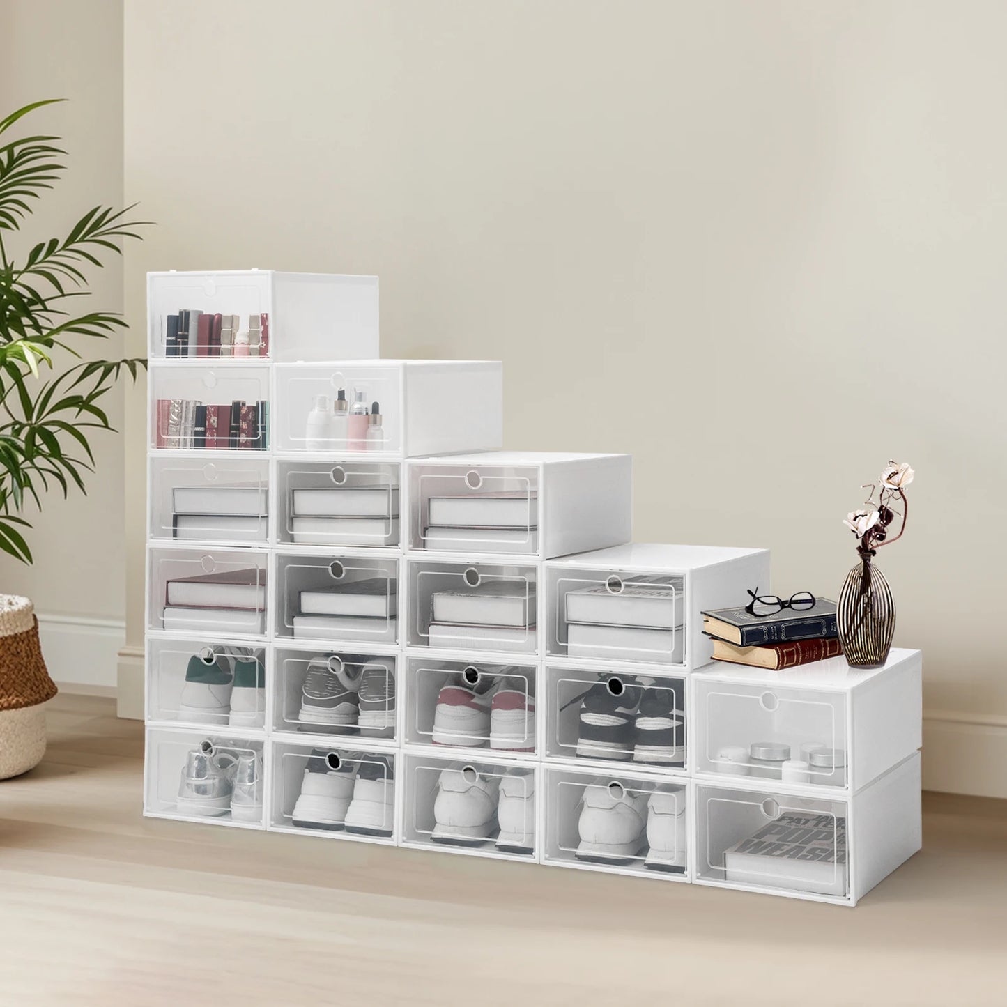 20/24 PCS Shoe Boxes White Large (Round Hole/Love) Thick Version,Transparent Shoes Organizers,Stackable Combined Shoe Cabinet