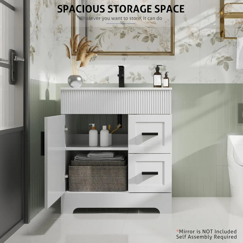 30" Bathroom Vanities Sink Combo with Painted Surface, Modern Drawered Cabinet W/Decorative Wave Lines, Undermount Single Sink,