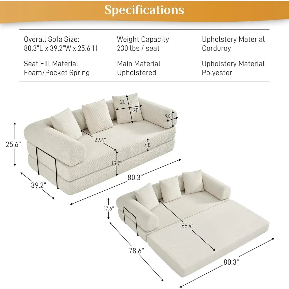 Convertible Sleeper Sofa Bed with Pillow, 4-in-1 Corduroy Folding Mattress Couch with Fixed-Shape Frame, Fold Out Floor Sofa Cam