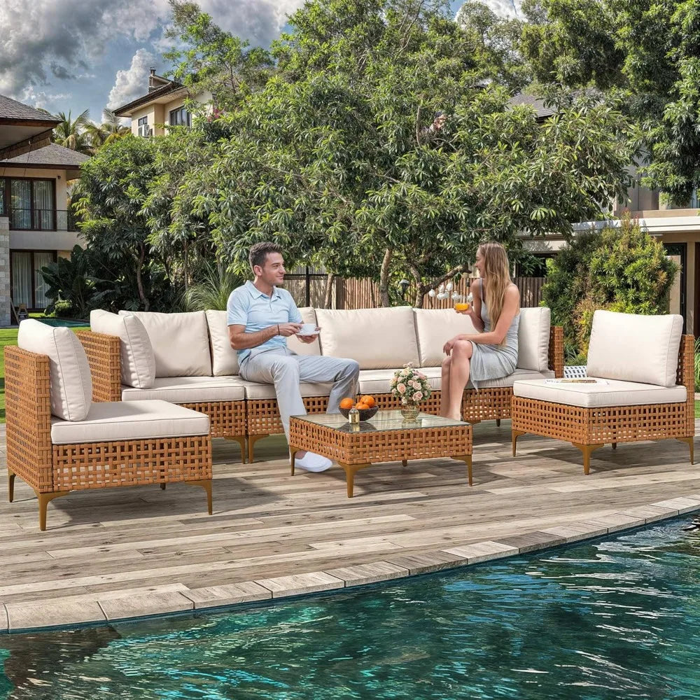 7 Piece Patio Furniture Set All Weather PE Wicker Outdoor Conversation Set Beige Modern Assembly Required Poolside