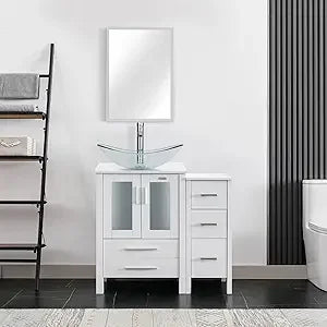 36" Modern Bathroom Vanity Sink Combo White W/Small Side Cabinet Turquoise Square Glass Vessel Sink & Water Save Faucet & Pop U