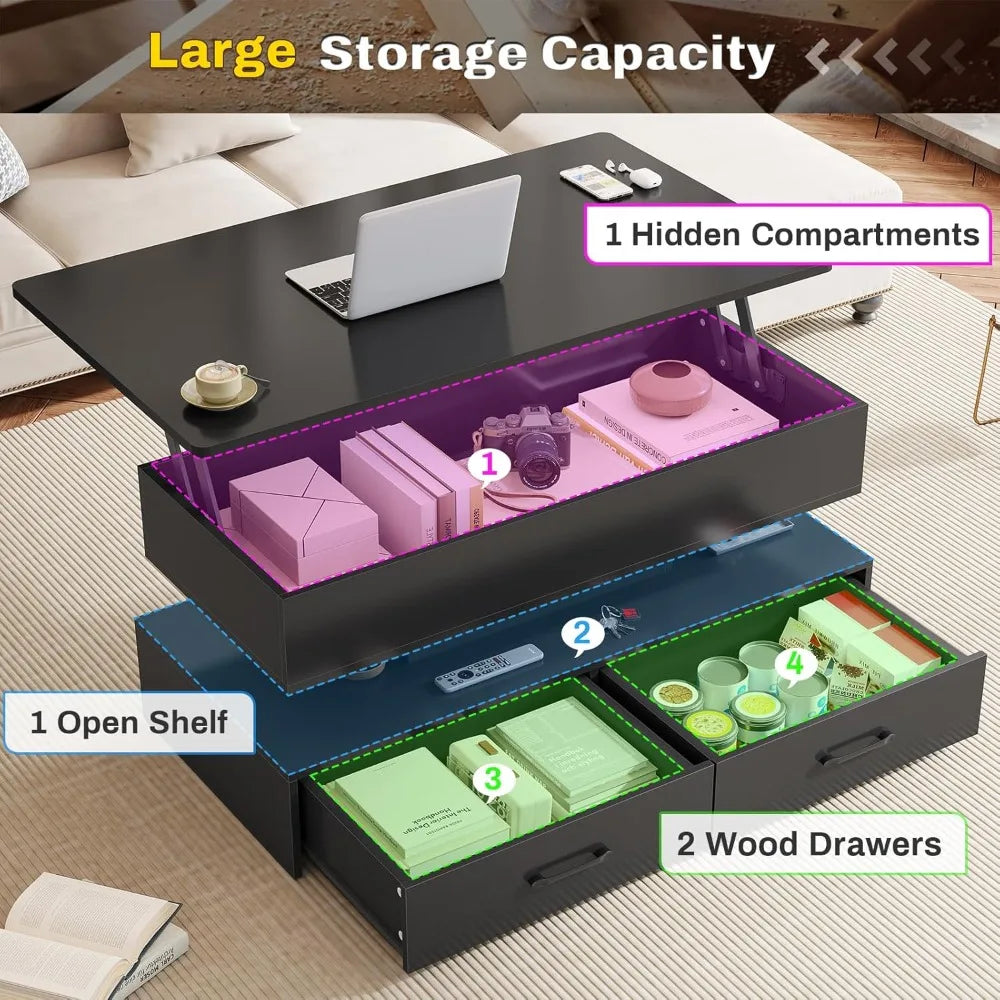 XMSJ Lift Top Coffee Table With Storage And LED Lights