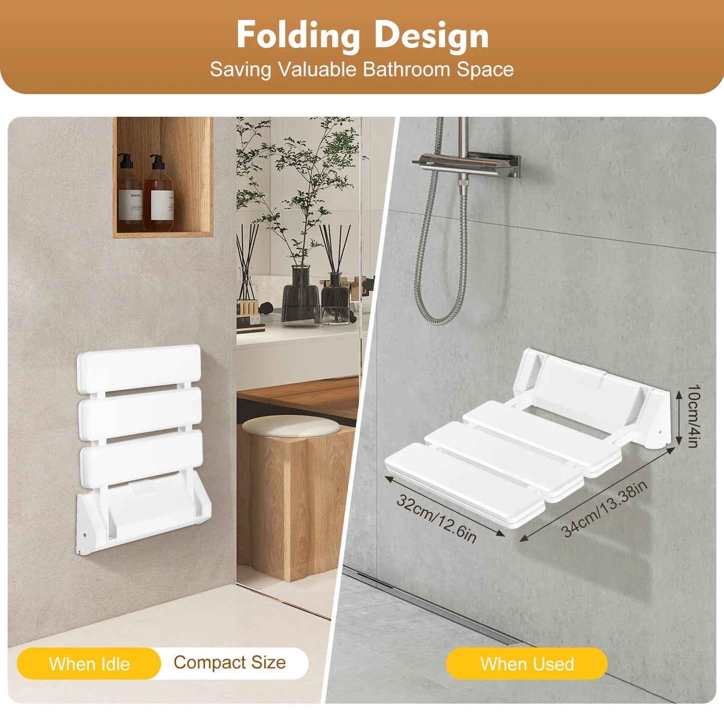 Folded Metal Folding Shower Seat Wall Mounted Waterproof Bench
