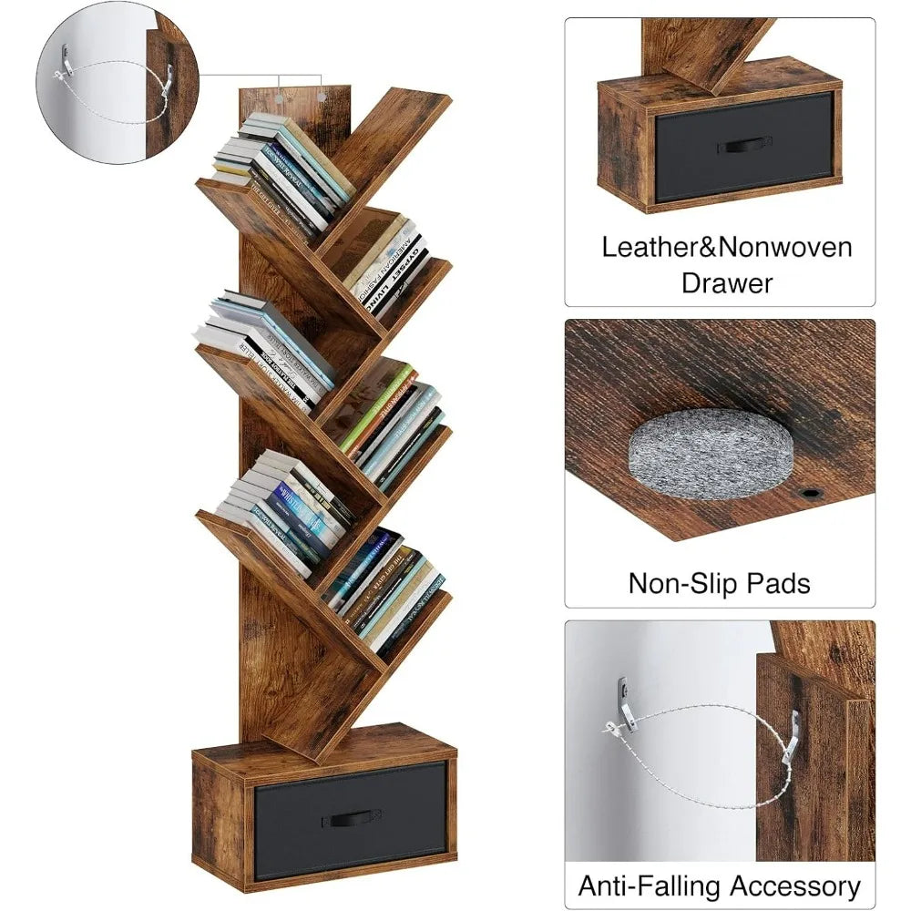 7 Tier Tree Bookshelf With Drawer Storage Rack Living Room