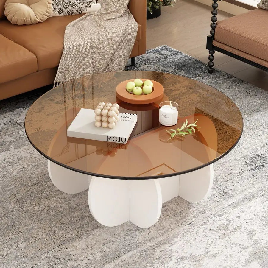 XMSJ Mid Century Round Glass Coffee Table For Living Room