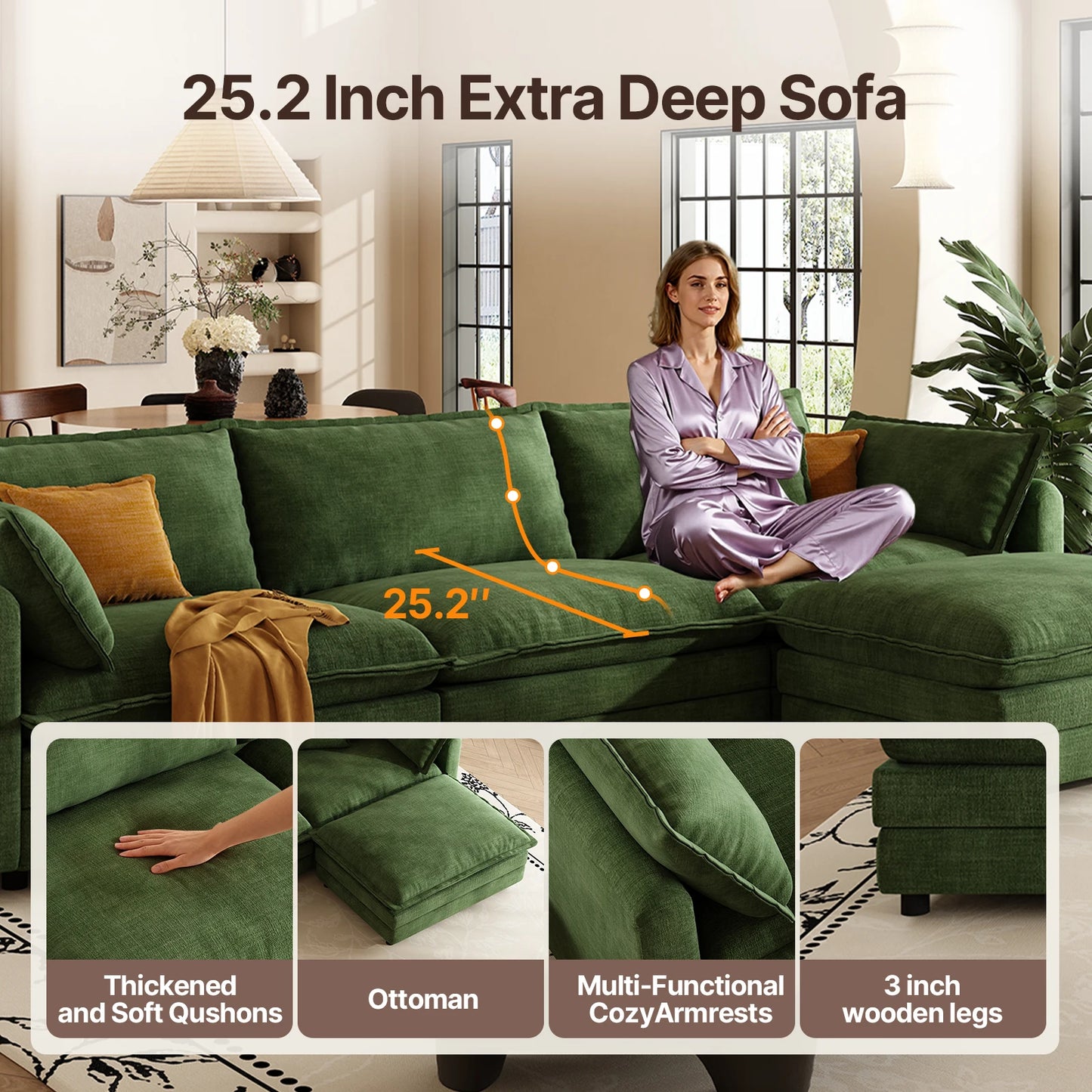 QWCCN L Shaped Modern Chenille Sofa Sectional With Ottoman