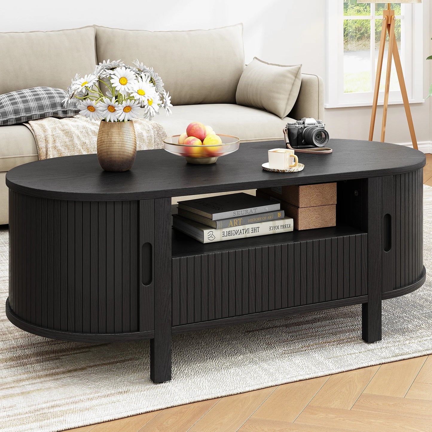 Oval Coffee Table With Cabinets And Sliding Doors Mid Century
