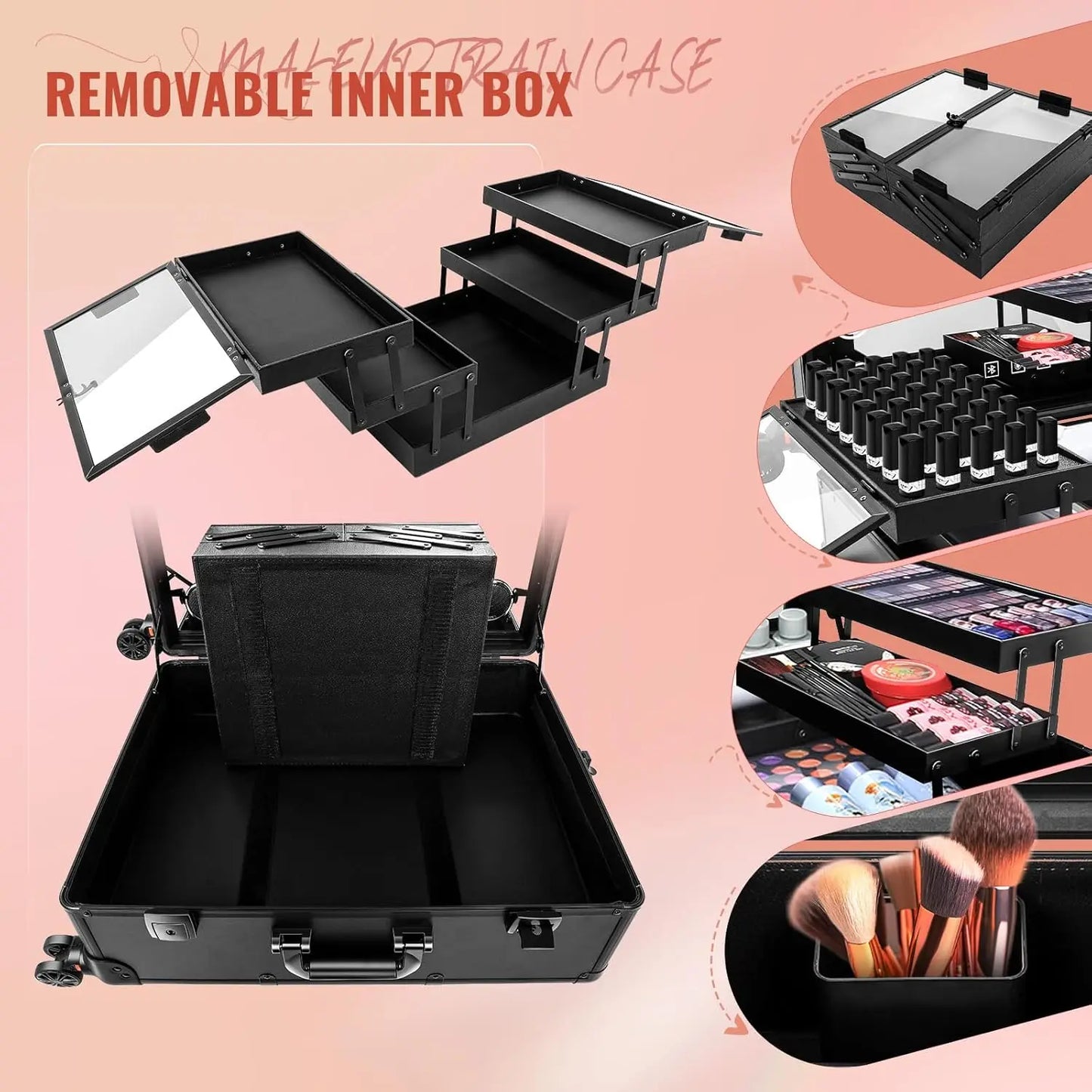 XMSJH Aluminum Trolley Makeup Case With LED Lights Studio