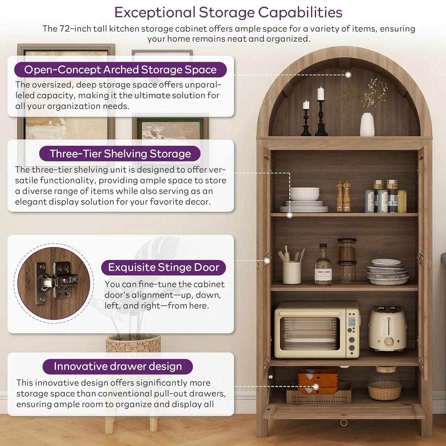 CHENGWEI Arched Pantry Cabinet With Innovative Drawer And Glass Door