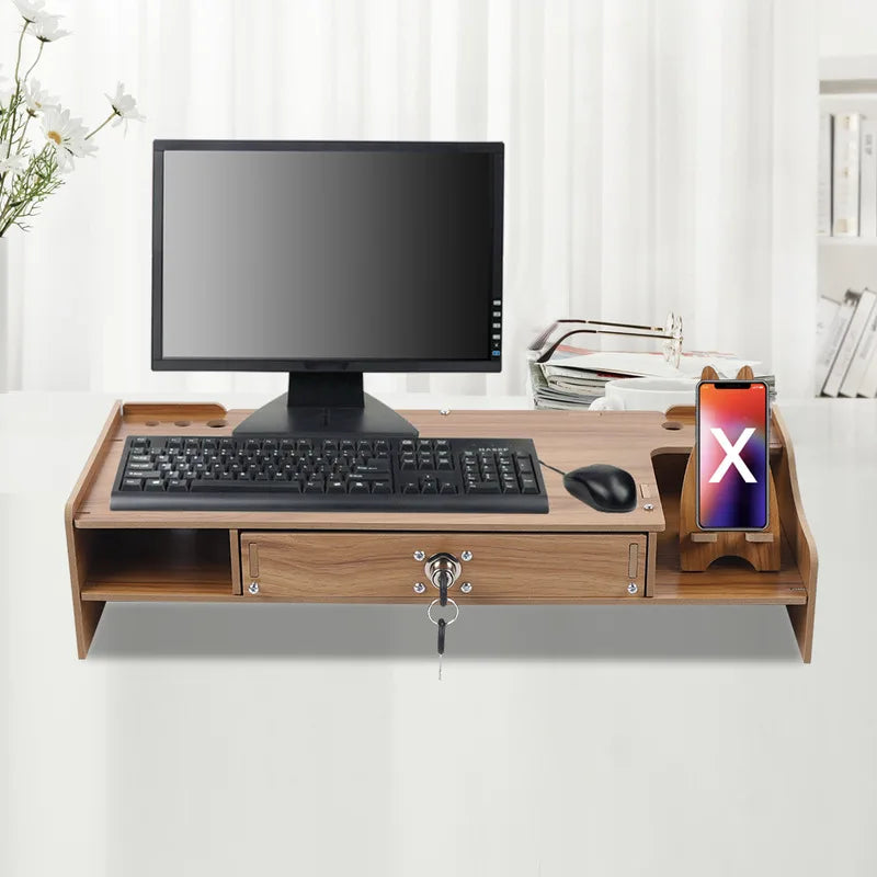 Desk Organizer Monitor Stand Built Storage Drawer with Phone Holder Display Cabinet Wooden Box Office Supplies