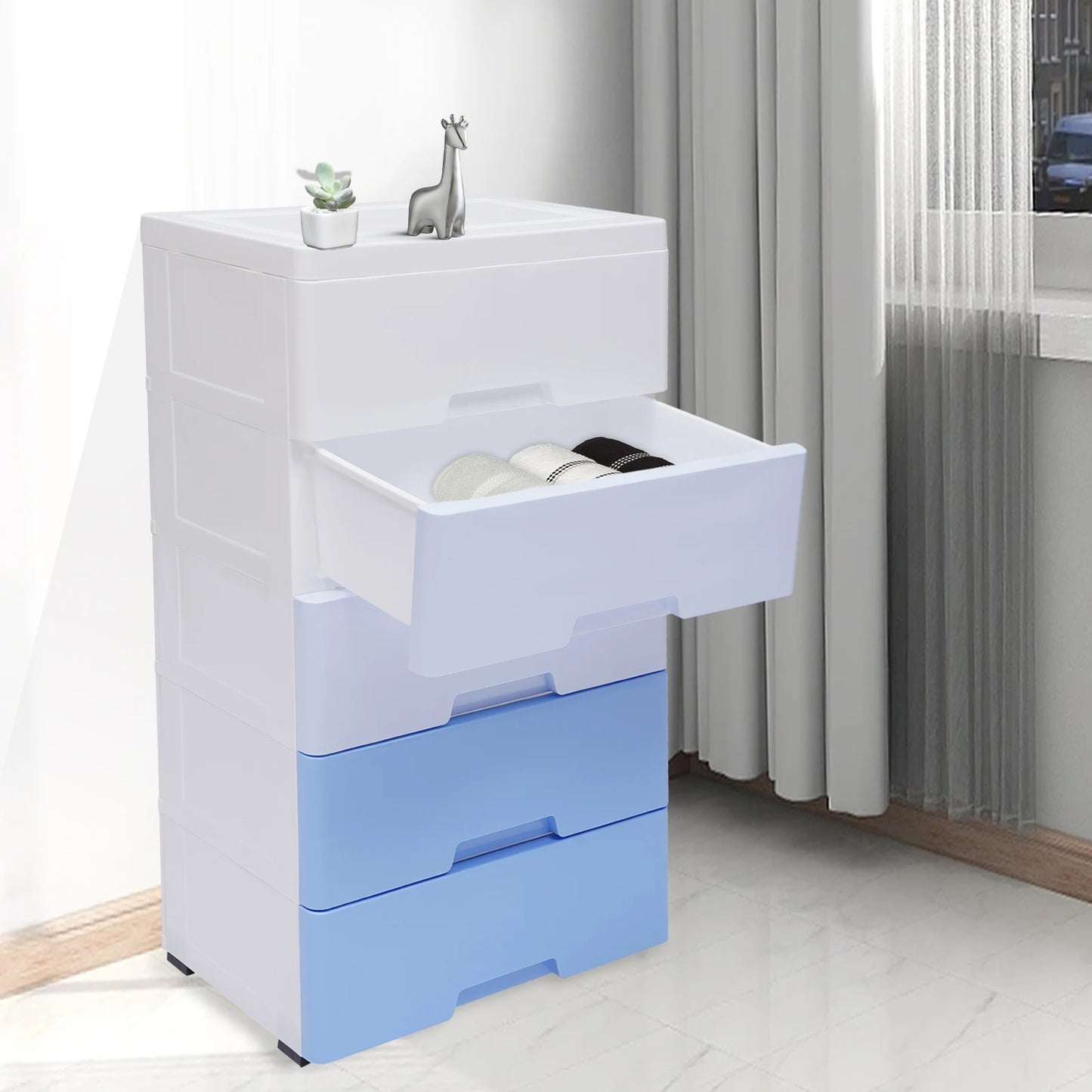 Plastic Drawers Dresser Storage Cabinet 5 Drawer Stackable Vertical Clothes Storage Tower, Bedroom Tall Small Chest Closet