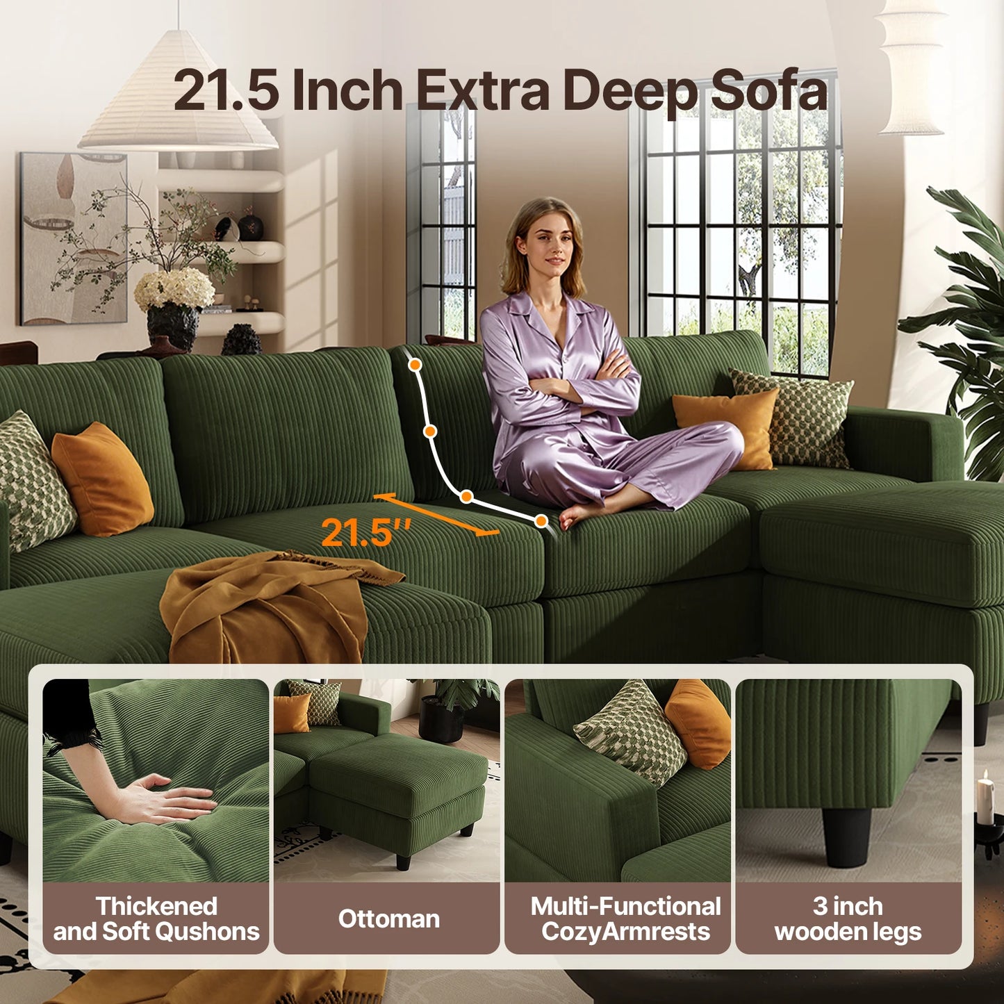 QWCCN Corduroy U Shape Sectional Sofa With Ottomans