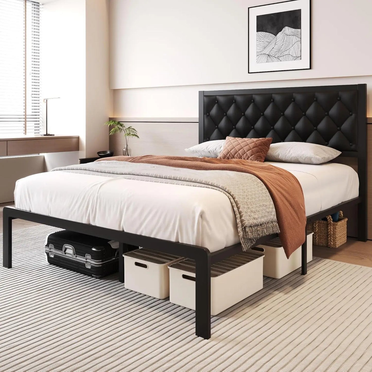 XMSJ PU Leather Upholstered Bed Frame With Headboard