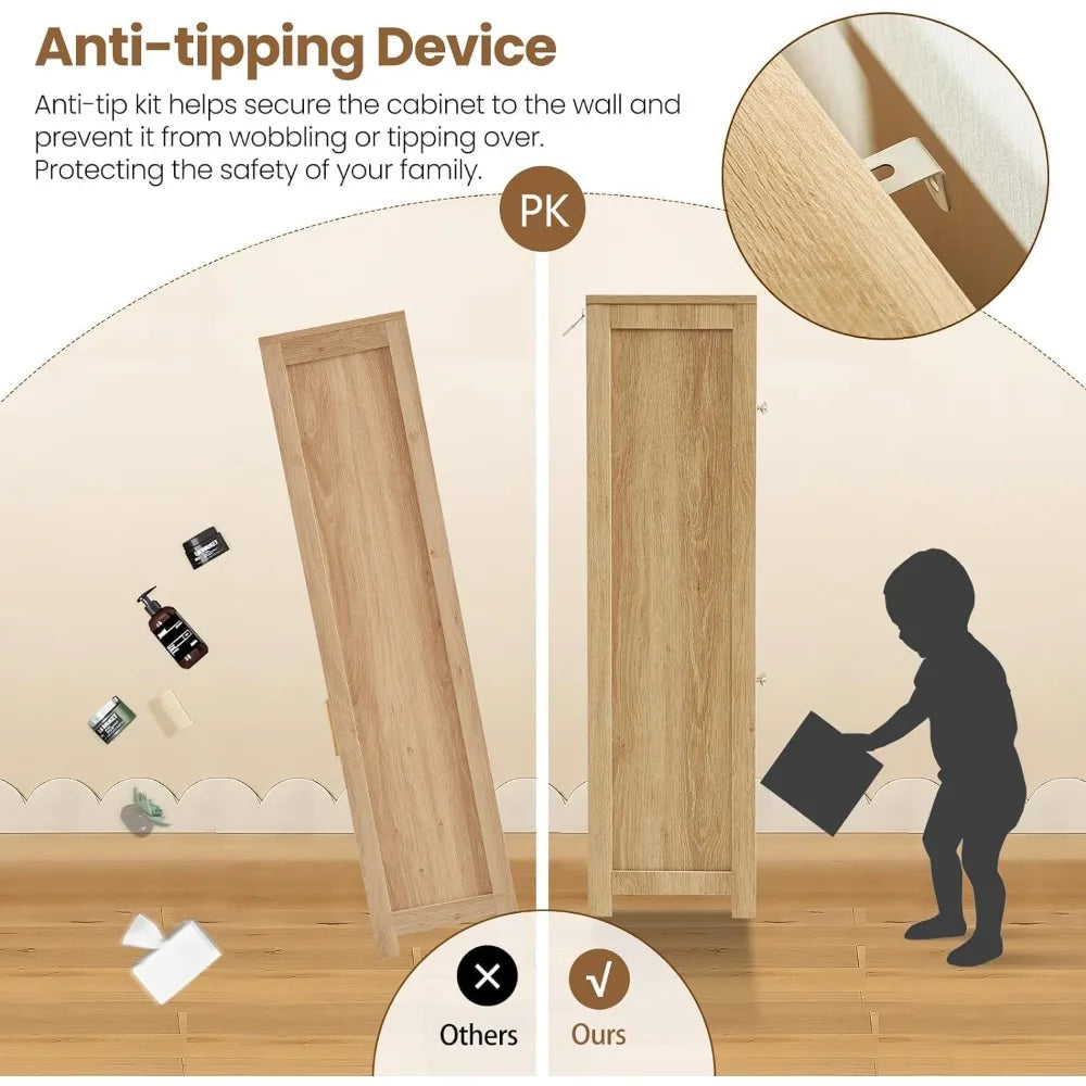 Rattan Door Storage Cabinet with Adjustable Shelves for Bathroom and Living Room