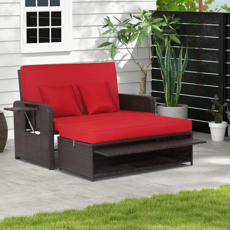 Patiojoy Outdoor Rattan Daybed Wicker Loveseat Set Deluxe