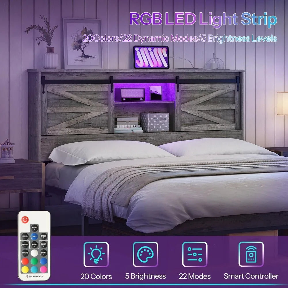 HOOBRO Queen Headboard with Storage Shelf, Farmhouse Queen Headboard Only with Charging Station & LED Lights, Bookcase Headboard