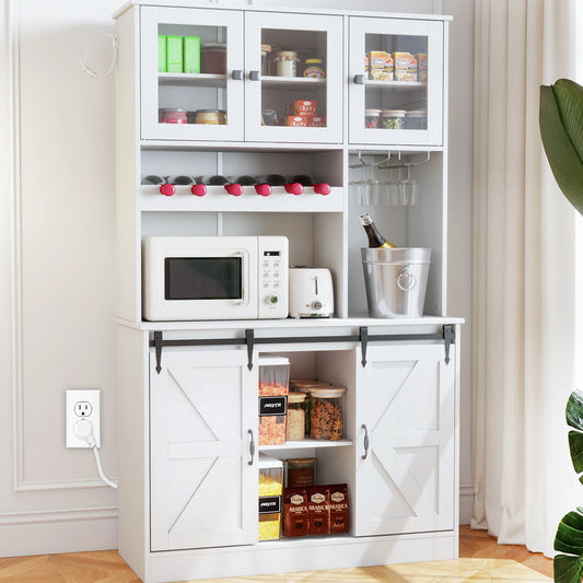 Kitchen Pantry Storage Cabinet With Glass Doors And Microwave Stand