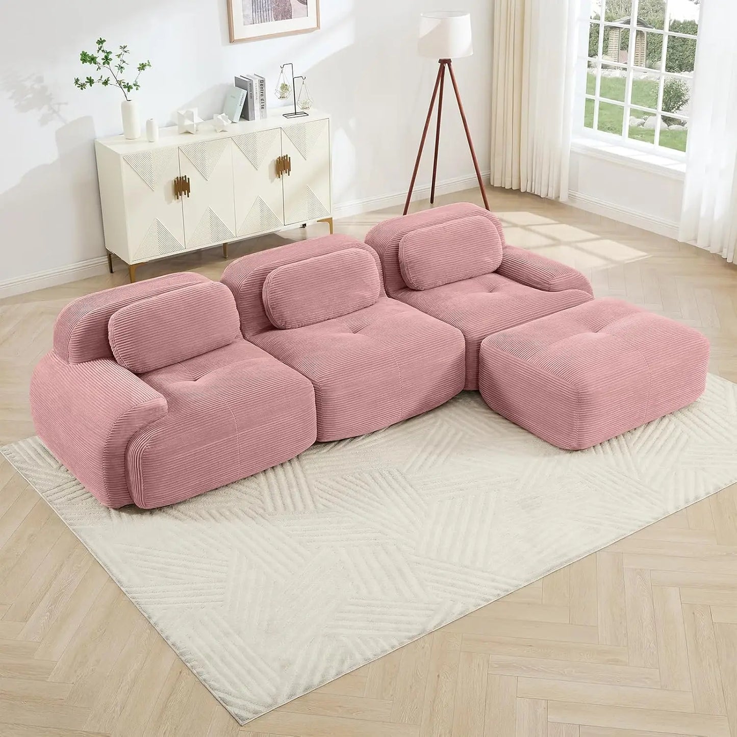 ZHUXIANG Modern Corduroy Cloud L Shaped Sofa With Ottoman