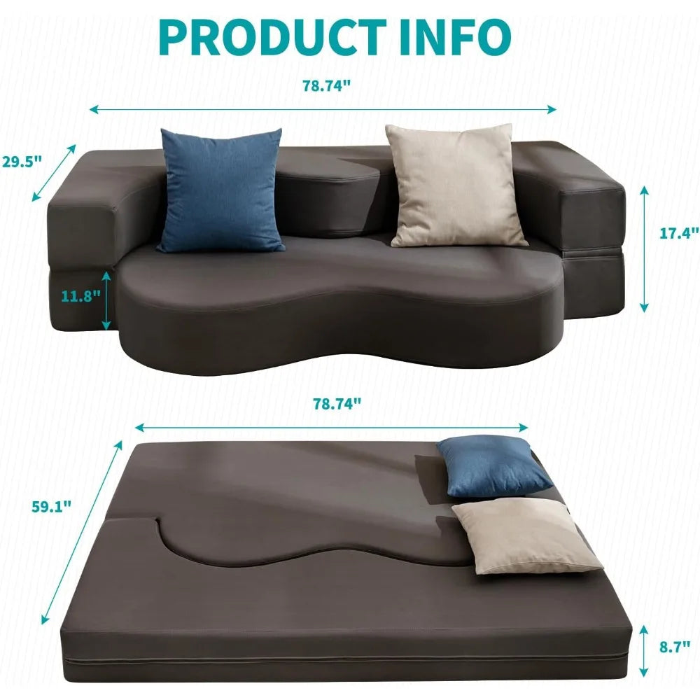 Queen Size Folding Sofa Bed, Futon Sofa Couch with Faux Leather, Convertible Sofá Sleeper Bed with Memory Foam, Foldable