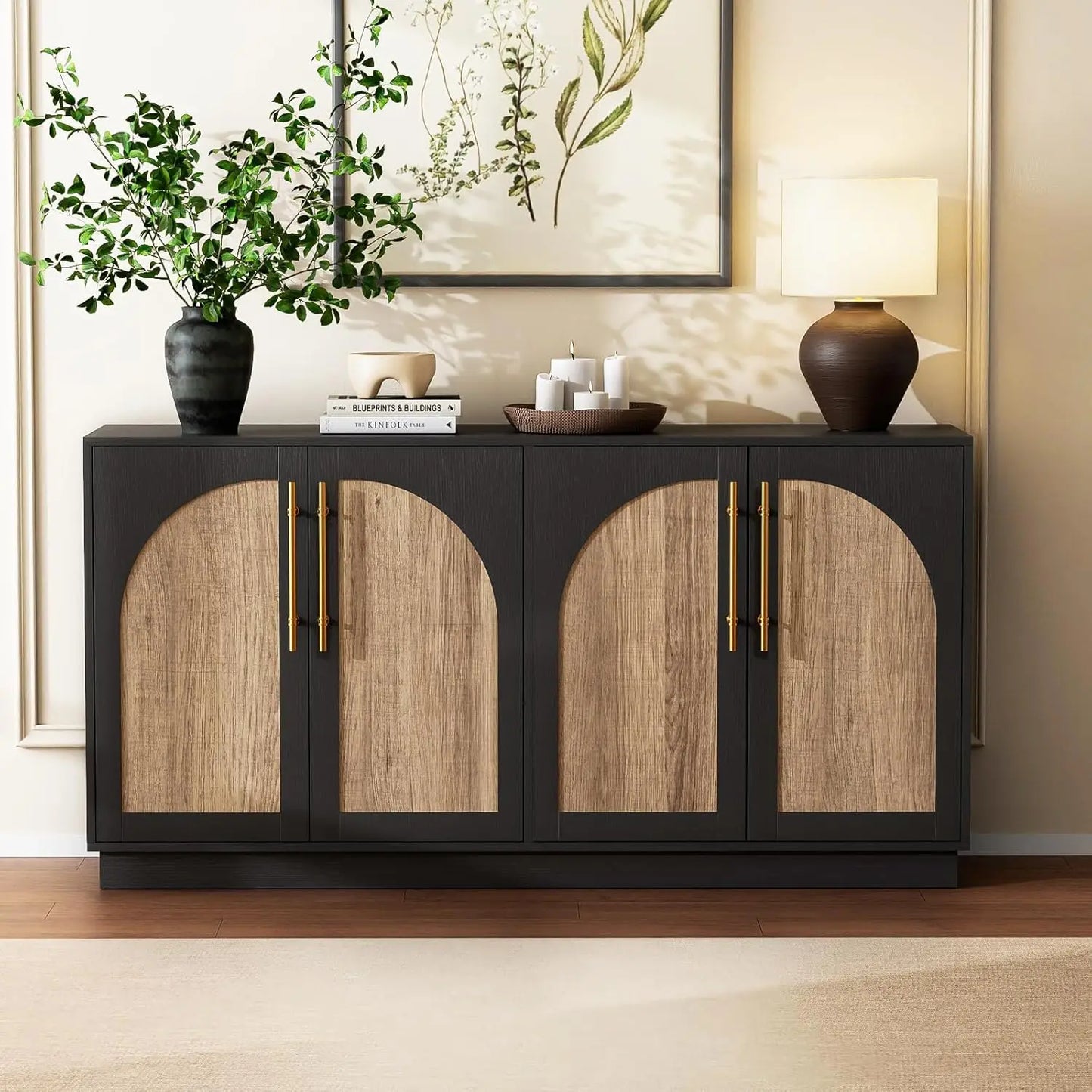 62" Antique Buffet Cabinet with Hutch, Vintage Sideboard Console for Dining Room & Kitchen, 2 Adjustable Shelves, Arched Doors