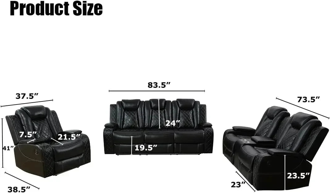 Power Recliner Sofa Set 3 Piece Sectional With LED Lighting