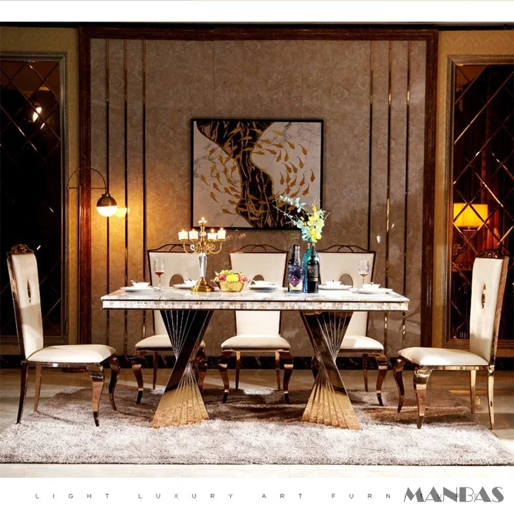 Linlamlim Luxury Dining Set With Stainless Steel Leather Chairs